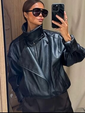 Black Faux Leather Bomber Jacket - Women